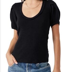 Free People We The Free Black Puff Sleeve Scoop Neck Cotton Top Small NWT $68